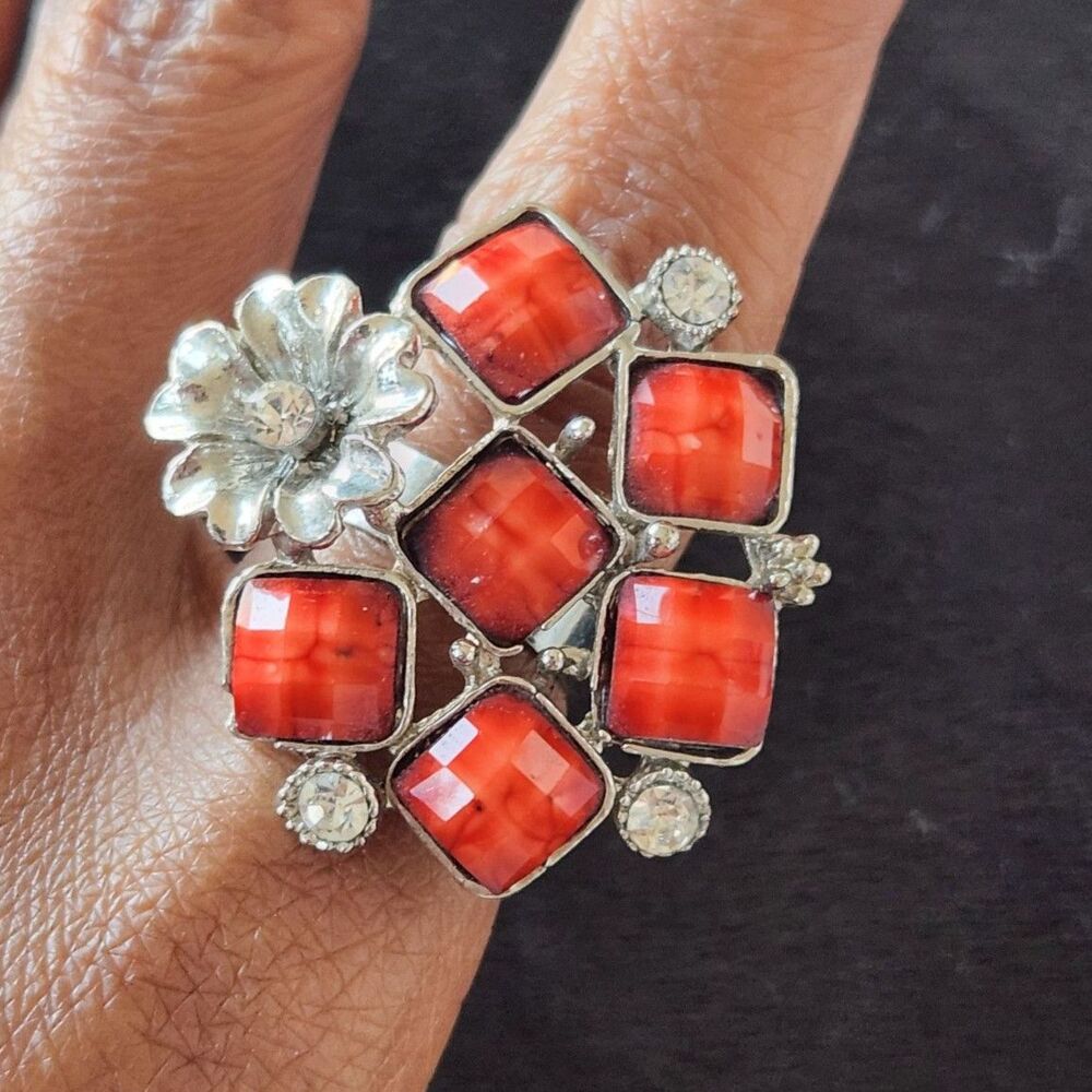 Red Square Floral adjustable Ring